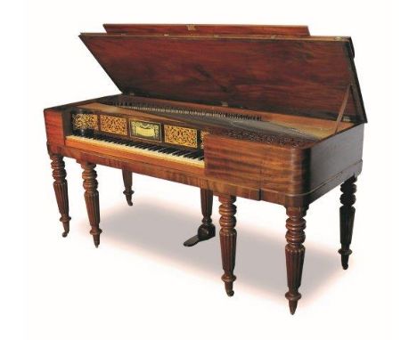 A square piano by Mott, London, circa 1825The mahogany case with rounded front corners, raised on six turned and reeded legs.