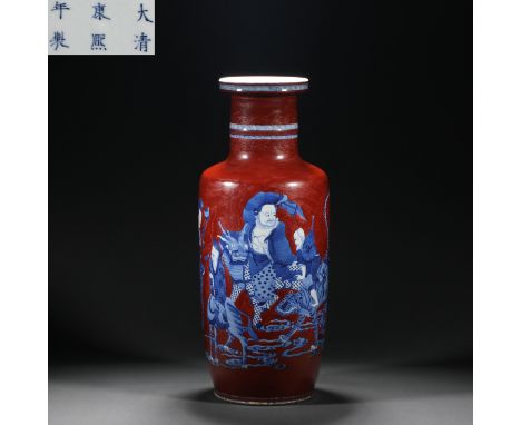 Qing dynasty red-glazed blue and white porcelain carved figure stick mallet vase  H47cm           W18.5cm