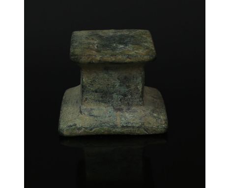 ITEM: Statuette baseMATERIAL: BronzeCULTURE: RomanPERIOD: 1st - 3rd Century A.DDIMENSIONS: 26 mm x 36 mmCONDITION: Good condi