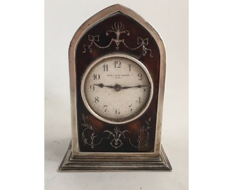A fine quality early 20th cent&nbsp; Mappin &amp; Webb silver and tortoiseshell lancet mantle&nbsp; clock, H:9.4cm&nbsp;