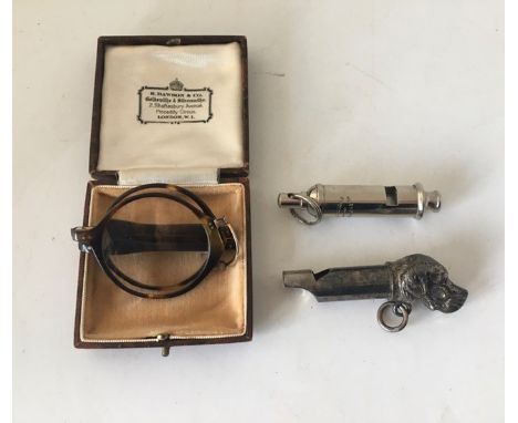 An early 20th cent&nbsp; silver dog whistle , another whistle and a&nbsp; cased tortoiseshell lorgnette