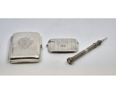 A Victorian silver cigarette case, by William Neale, Chester 1896, curved to fit the pocket, length 8.8cm (90.0g), together w