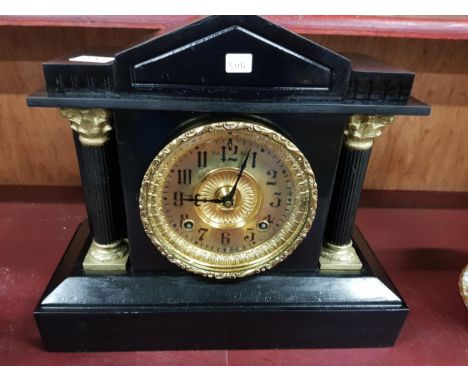 VICTORIAN CAST METAL MANTLE CLOCK WITH KEY AND PENDULUM 