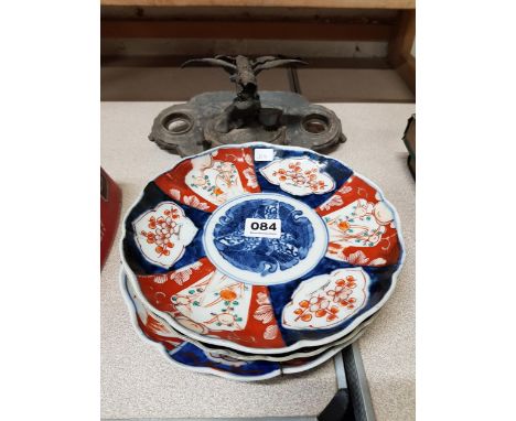3 X IMARI PLATES &amp; SPELTER INKWELL 