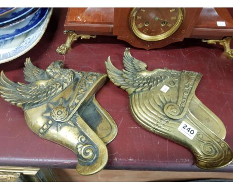 PAIR OF OLD BRASS HELMET WALL PLAQUES 