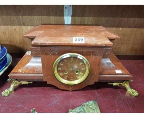 VICTORIAN RED MARBLE MANTLE CLOCK WITH KEY AND PENDULUM 