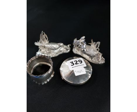 SILVER COMPACT, NAPKIN RING &amp; TWO WHITE METAL FIGURES 