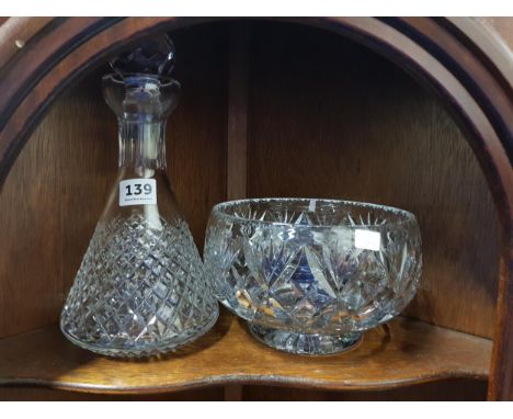 CUT GLASS BOWL, CUT GLASS DECANTER &amp; STOPPER 