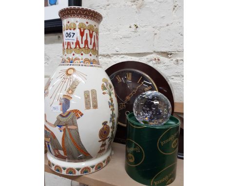 CLOCK, TYRONE CRYSTAL GOLF BALL &amp; EGYPTIAN VASE 