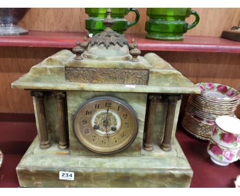 LARGE GREEN VICTORIAN MANTLE CLOCK WITH KEY AND PENDULUM 