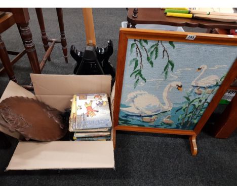 BOX LOT TO INCLUDE COLLECTION OF RUPERT ANNUALS, CARVED TRAY, ANIMALS AND FIRESCREEN 