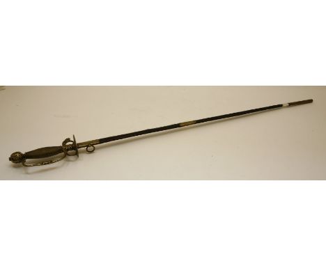 A sword and scabbard, the slender steel blade with brass hilt and handle, in a leather and brass scabbard. 96cm overall.