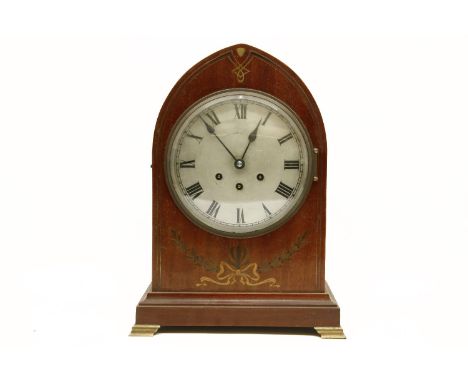 A German inlaid mahogany 'lancet' case bracket clock, three train movement, chiming the quarter hours on five rods, by Gustav