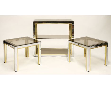 A chrome and brassed metal pier table, with a smoked glass top, shelf and under tier, 76cm wide x 72cm high and a pair of ens