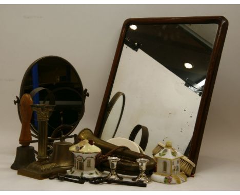 A brass bugle with braided grip, together with two Coalport porcelain burners in the form of cottages, a pair of silver dwarf