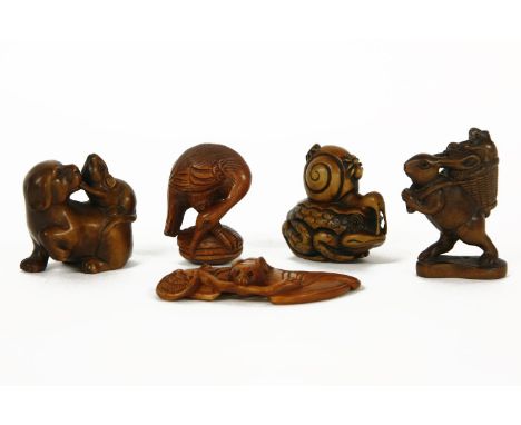 A collection of five Japanese wood carved netsuke, early 20th century, each signed