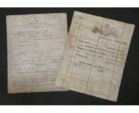 A Victorian parchment certificate of service and vellum pension paper for Private James Turner, who was severely injured whil