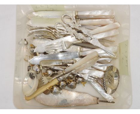 A group of silver and mother of pearl fish knives and forks, together with five implements