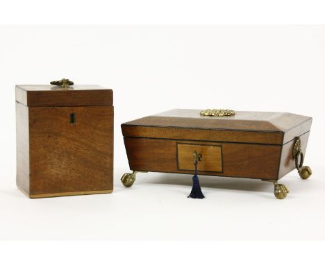 A Regency walnut (?) sewing box on brass ball and claw feet, 21 x 16cm, and a small mahogany tea caddy. 13.5cm high (2)