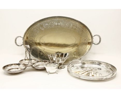 Fruit knives with mother of pearl handles and silver collars, two plated trays etc