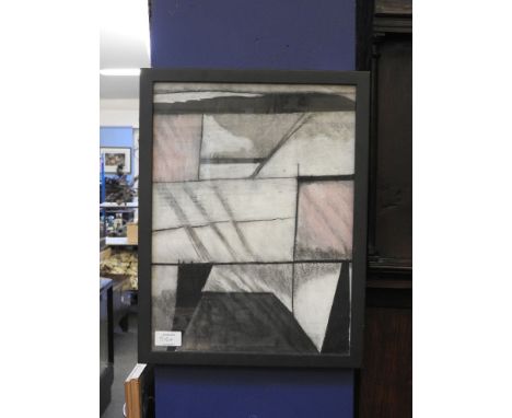 A contemporary abstract monochrome charcoal study, unsigned, together with an abstract mixed media study in hues of blue, bot