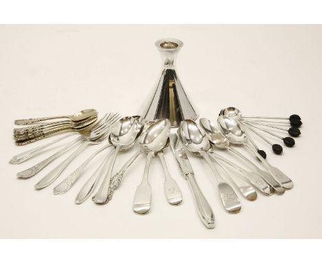 Various silver tea and coffee spoons and a modern candlestick