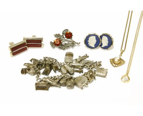 A silver charm bracelet with assorted silver charms, a collection of costume jewellery to include a rolled gold hinge bangle,