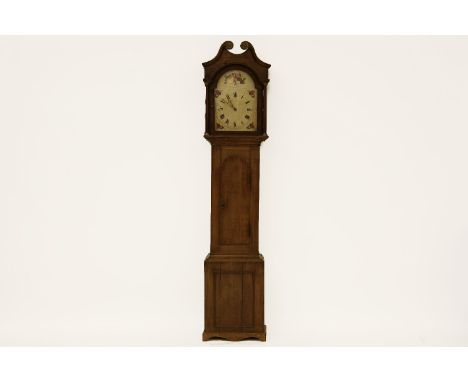 A 30 hour oak longcase clock, with painted arched wooden dial and outside count wheel, 204cm high