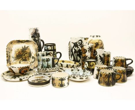 A collection of Celtic pottery, Newlyn items to include; jugs, plates, mugs etc