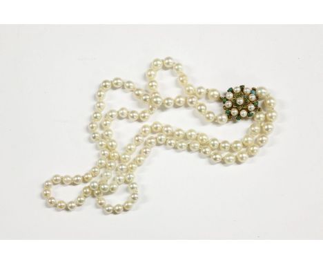 A two row graduated cultured pearl necklace with gold cultured pearl and stained howlite clasp, marked 9ct, with Harrods box4