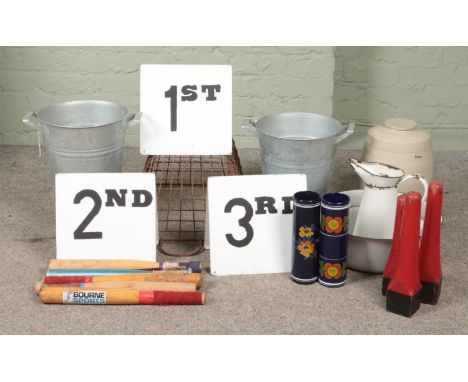 A collection of assorted items, to include enamel pans, rounders bats, place markers and galvanised pots.  