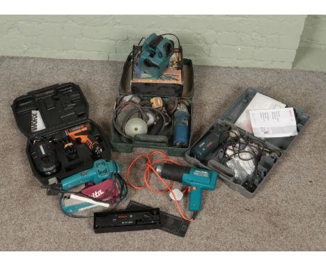 A collection of power tools. Includes Bosch, Black &amp; Decker, Makita, Drill Doctor Drill Bit Sahrpener, Bosch BL30 Laser. 