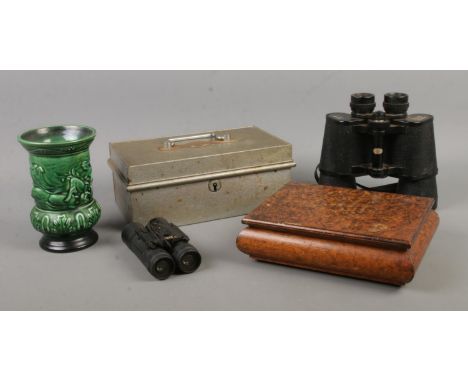 An assortment of collectables, to include Zenith 12x50 field binoculars, Sylvac vase and money tin.  