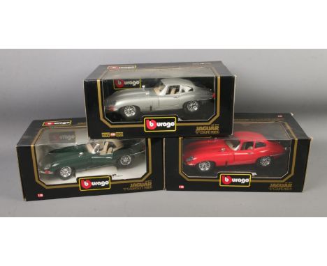 Three boxed Burago 1:18 scale diecast 1961 Jaguar cars to include "E" Cabriolet and two "E" Coupe.  