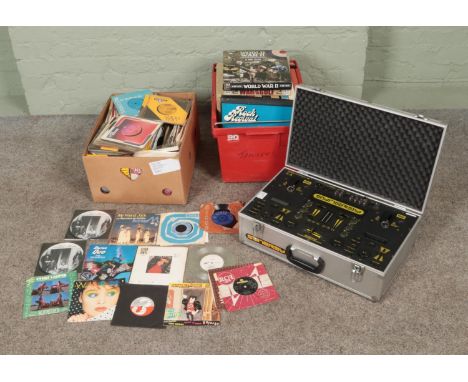 Two boxes of assorted vinyl records and singles of mainly pop and easy listening to include The Beatles Get Back picture disc