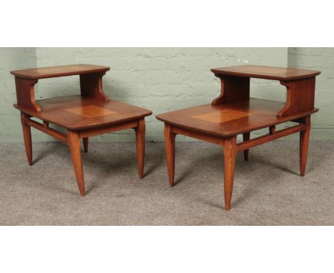 A pair of Lane Altavista teak and walnut 'step end'/telephone tables in the 1927 pattern. With slatted backing and tapered su