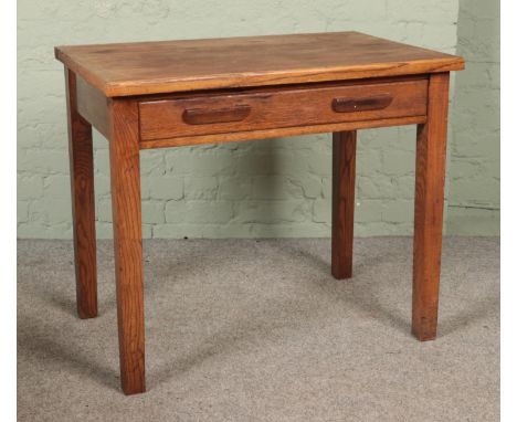 A vintage oak school desk/table, with fake drawer to the front. Height: 76cm, Width: 89cm, Depth: 60cm.  