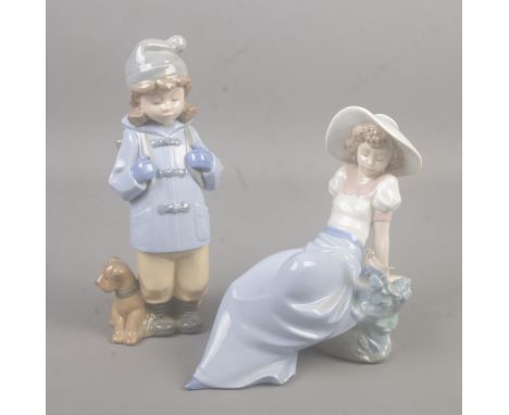 Two Nao porcelain figures. Includes travelling girl with dog and reclining girl with bird.  