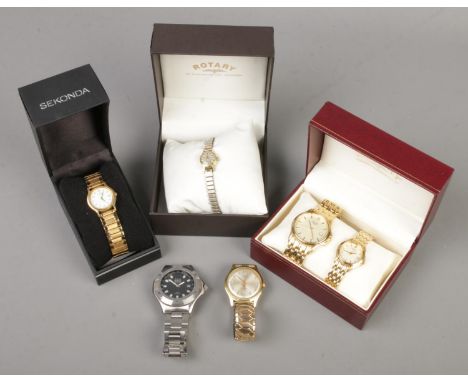 A collection of ladies and gents manual and quartz wristwatches. Includes boxed Rotary pair, manual Le Paix example etc.  