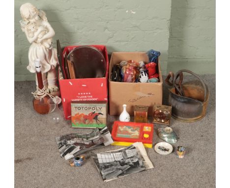 Two boxes of miscellaneous. Includes clocks, coal scuttle, art glass, board games, etc.  