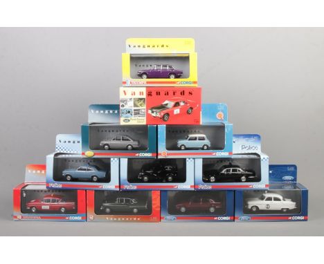 A collection of mostly Corgi Vanguards scale model vehicles. To include VA 01312 Austin Seven, VA 10000 Ford Sierra, VA 05310