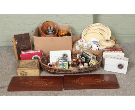 Three boxes of assorted items, to include vintage tins, wicker basket, mineral specimens, miniature copper oil lamp and assor