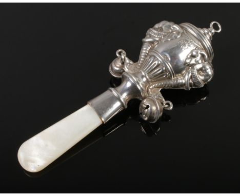 A vintage silver &amp; mother of pearl rattle, hallmarked Birmingham 1934, 20.5g.  