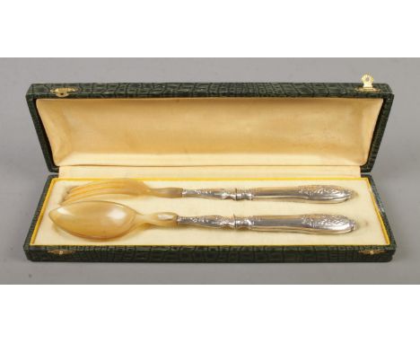 A French silver handle fork and spoon server set faux crocodile skin presentation box  