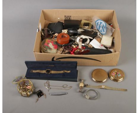 A box of assorted costume jewellery, wristwatches and accessories to include Stratton compacts, Ladies Avia Olympic, tie tack