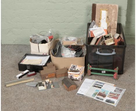 Three boxes of assorted model railway accessories to include Lima The Sound of Steam, Card Built Kit Buildings, spares and re