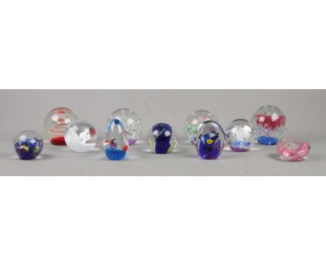 Eleven glass paperweights, to include Caithness, fish and animal examples.  