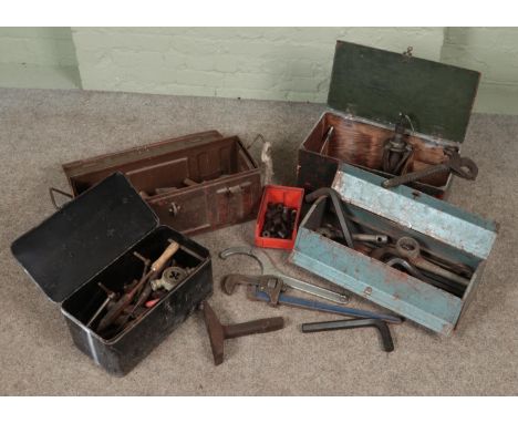 Four large toolboxes with contents of vintage tools. Includes industrial examples.  