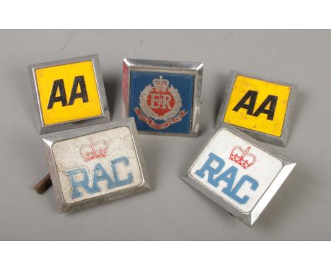 Five vintage badges. Includes two AA, two RAC and a Royal Military Police example.  