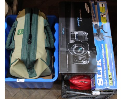 Samsung GX10 camera, various others plus a Slik tripod, lenses and accessories (two boxes)